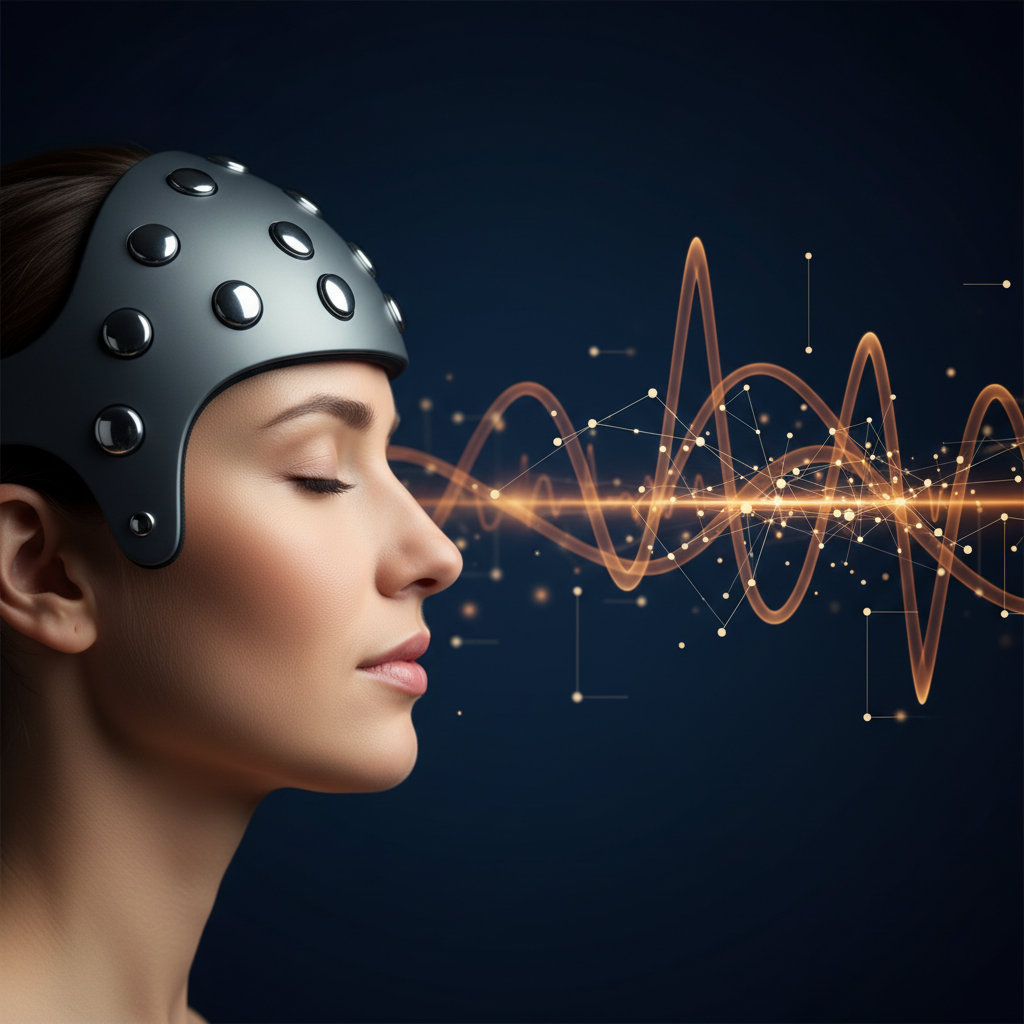 Brain-computer interface: person wearing EEG headset with brainwave visualization